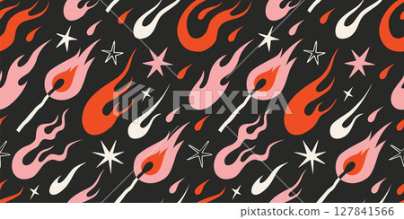 Seamless pattern with dynamic flaming match, flames, fire and stars on black background. Trendy vector illustration in y2k aesthetic, vintage, old school tattoo neo tribal style, hand drawn 127841566
