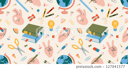 Seamless education themed pattern with school supplies, hand gestures, books and globe. Trendy modern vector illustration on light background, hand drawn, flat design 127841577