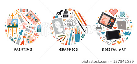 Creative Round compositions set of art supplies and tools for painting, drawing and digital illustration. Stationery for artists and designers. Trendy modern vector illustration, hand drawn, flat 127841589