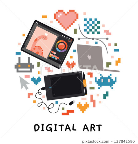 Digital art drawing tools and symbols like tablet, stylus, laptop, pixel grid, raster and vector graphics. Concepts of creative software use. Trendy modern vector illustration, hand drawn flat design Digital art drawing tools and symbols like tablet, stylus, laptop, pixel grid, raster and vector graphics. Concepts of creative software use. Trendy modern vector illustration, hand drawn flat design 127841590