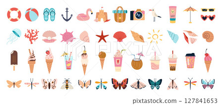 Big set of cute summer icons including various ice cream, seashells, butterflies, flowers and beach elements.  Trendy modern vector illustration isolated on white background, hand drawn, flat design 127841653
