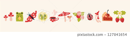 Cute summer set with nature elements including flowers, berries, mushrooms, snails, frogs and dessert. Trendy modern vector illustration isolated on white background, hand drawn, flat design Cute summer set with nature elements including flowers, berries, mushrooms, snails, frogs and dessert. Trendy modern vector illustration isolated on white background, hand drawn, flat design 127841654