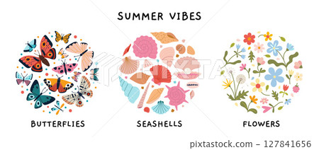 Round summer vibes compositions with colorful butterflies, seashells and wildflowers. Trendy modern vector illustration isolated on white background, hand drawn, flat design 127841656