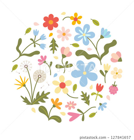 Round summer or spring composition with wildflowers, butterflies and leaves in soft pastel colors. Trendy modern vector illustration isolated on white background, hand drawn, flat design 127841657