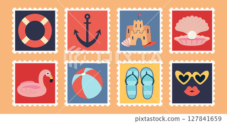 Set of summer postage stamps with beach elements like lifebuoy, anchor, sand castle, seashell, flamingo, ball, flip-flops and sunglasses. Trendy modern vector illustration, hand drawn, flat design 127841659