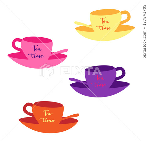 Small set of vector illustrations Wonderland. key, clock, cup of tea, mushrooms and playing cards and jack of hearts 127841705