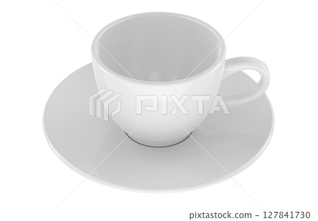 Empty white coffee cup and saucer, clean ceramic tableware. 3D rendering Empty white coffee cup and saucer, clean ceramic tableware. 3D rendering 127841730