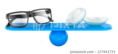 Glasses and contact lenses on balance. Vision correction choice, concept. 3D rendering 127841733