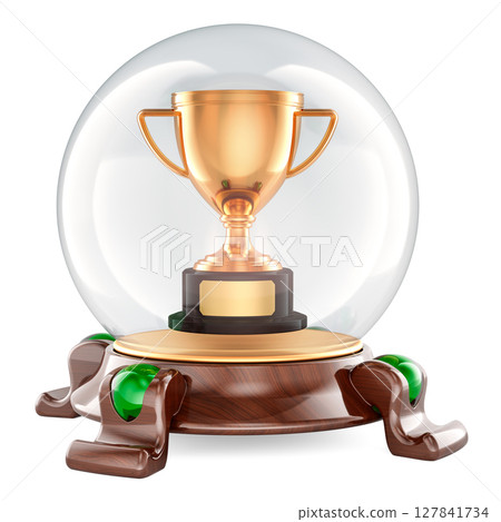 Golden trophy cup in crystal ball. Victory prediction, concept. 3D rendering Golden trophy cup in crystal ball. Victory prediction, concept. 3D rendering 127841734