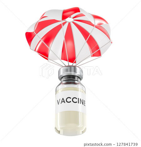 Parachute with medical vaccine vial. Delivery, healthcare access and immunization support, 3d rendering Parachute with medical vaccine vial. Delivery, healthcare access and immunization support, 3d rendering 127841739