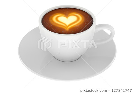 Coffee cup with heart latte art. 3D rendering 127841747