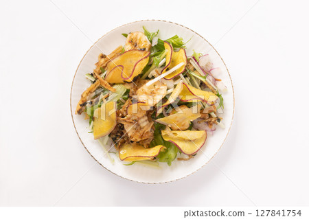 日式沙拉佐根莖類蔬菜片(地瓜、牛蒡) 日式沙拉佐根莖類蔬菜片(地瓜、牛蒡) 127841754