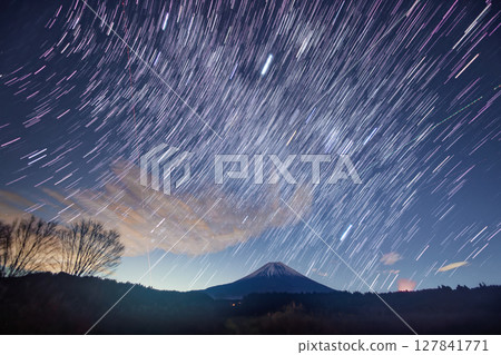 Night view of Mt. Fuji and the rising winter constellations seen from Asagiri Plateau 127841771