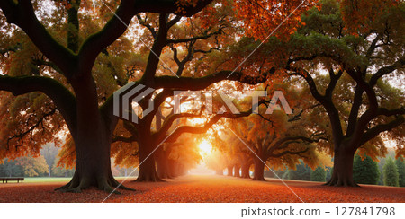 日落時分,巨大的橡樹上落滿了秋葉,這是人工智慧生成的圖像 日落時分,巨大的橡樹上落滿了秋葉,這是人工智慧生成的圖像 127841798
