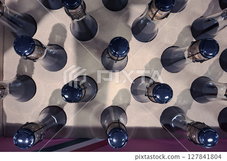 A collection of bottles filled with sparkling wine is organized in a box, viewed from above. The clear layout emphasizes the unique shapes and colors of the bottles, perfect for celebrations. A collection of bottles filled with sparkling wine is organized in a box, viewed from above. The clear layout emphasizes the unique shapes and colors of the bottles, perfect for celebrations. 127841804