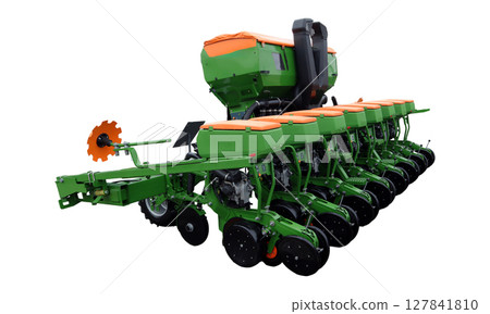 High-tech precision seed drill agricultural machinery is showcased, featuring multiple planting units that ensure accurate seed placement and optimal crop growth in agricultural fields. 127841810