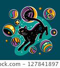 A cosmic black cat leaps amid vibrant, abstract orbs and stars on a dark teal background with a whimsical, magical atmosphere. Ideal for T-shirts, posters, book covers, digital art. 127841897