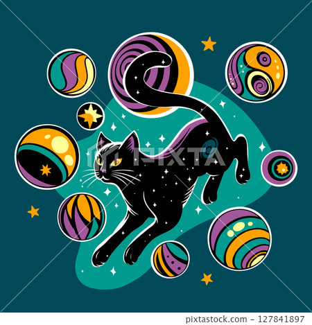 A cosmic black cat leaps amid vibrant, abstract orbs and stars on a dark teal background with a whimsical, magical atmosphere. Ideal for T-shirts, posters, book covers, digital art. 127841897