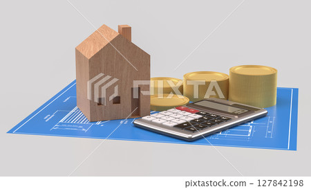The Wood House and calculator for property or Building concept 3d Rendering. The Wood House and calculator for property or Building concept 3d Rendering. 127842198