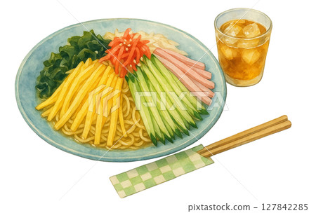 冷麵條和冷大麥茶的水彩插圖 冷麵條和冷大麥茶的水彩插圖 127842285