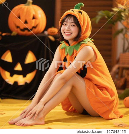 Halloween scene with smiling woman sitting in pumpkin costume. Halloween scene with smiling woman sitting in pumpkin costume. 127842455