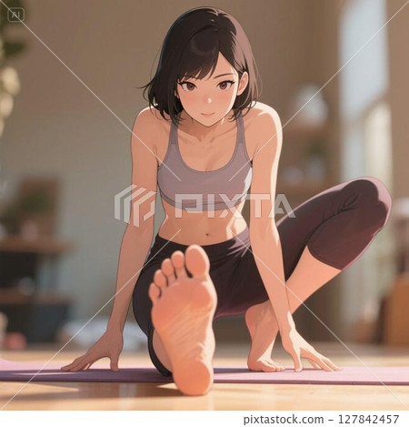 A Japanese woman concentrating on yoga, with the soles of her feet visible. 127842457