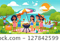 Children having a BBQ during summer vacation 127842599