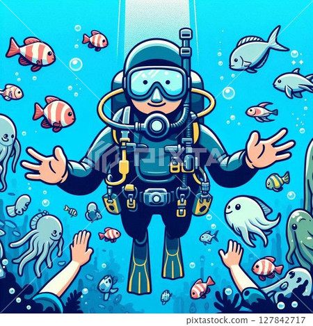 Diver swim underwater 127842717