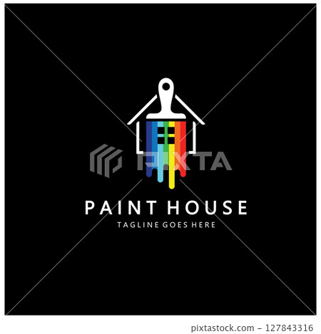 logo icon illustration house paint with a blend of brushes and rollers for house wall paint design, minimalist house, painting, interior, building, property business, wallpaper, vector concept 127843316