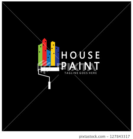 logo icon illustration house paint with a blend of brushes and rollers for house wall paint design, minimalist house, painting, interior, building, property business, wallpaper, vector concept 127843317