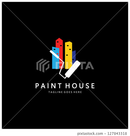 logo icon illustration house paint with a blend of brushes and rollers for house wall paint design, minimalist house, painting, interior, building, property business, wallpaper, vector concept 127843318