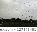Rain Drops on Window with Blurry Landscape Background. 127843461
