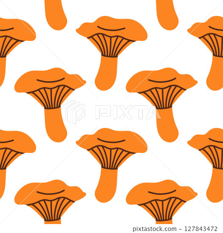 Mushrooms seamless pattern. Autumn isolated mushrooms on white background. Square repeat pattern flat design for fall season. Mushrooms seamless pattern. Autumn isolated mushrooms on white background. Square repeat pattern flat design for fall season. 127843472