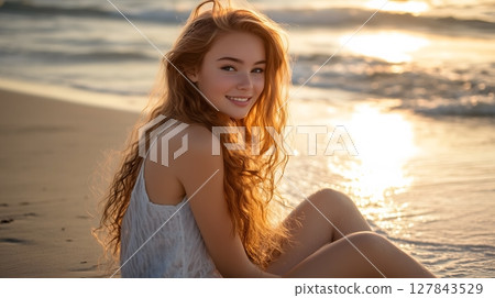 Sunset Beach Portrait of Smiling Young Woman with Wavy Golden Brown Hair in White Top 127843529