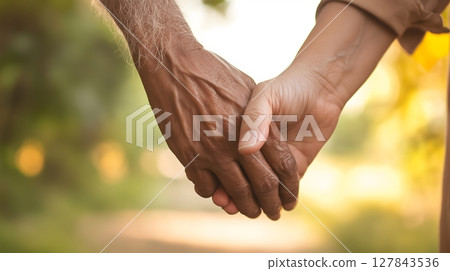 Elderly Hands Holding Together Showing Love Support and Care Outdoors 127843536