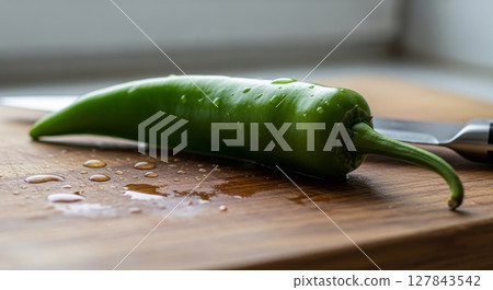 Fresh Green Chili Pepper with Water Droplets on Wooden Cutting Board 127843542