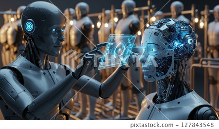 Futuristic AI Robots Interacting with Holographic Interface in Technological Factory Setting Futuristic AI Robots Interacting with Holographic Interface in Technological Factory Setting 127843548