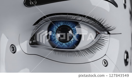 Futuristic Robotic Eye with Blue Iris and Metallic Facial Framework in High Detail 127843549