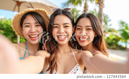 Women taking selfies at the resort 127843564
