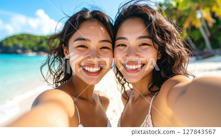 Women taking selfies at the resort 127843567