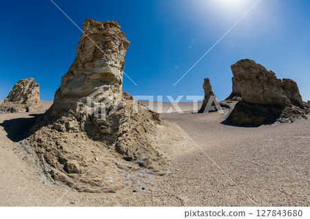 Aerial view of landscape in desert under blue sky 127843680