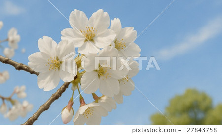 藍色的春天天空和白色的櫻花的美麗組合 127843758