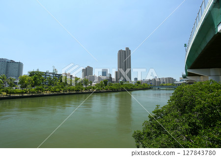 Scenery of Miyakojima Ward, Osaka City, around Miyakojima Bridge, Okawa River 127843780