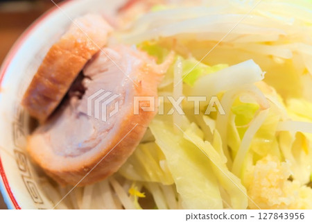 Jiro-style ramen with thick-sliced pork and plenty of vegetables Jiro-style ramen with thick-sliced pork and plenty of vegetables 127843956