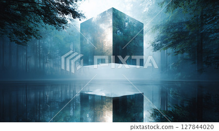 A mirror cube floating in a misty forest 127844020