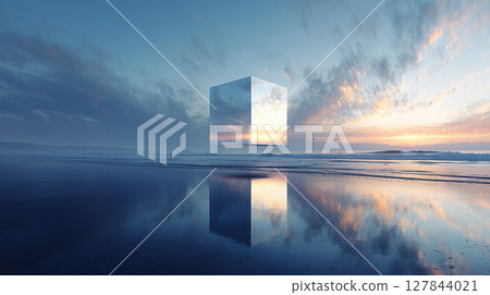 A mysterious cube standing on the beach at sunset 127844021