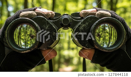Close Up of Hands Holding Binoculars with Forest Reflection in Lenses	 127844118