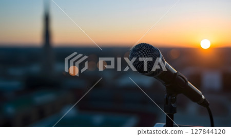Close-Up of Microphone on Stand at Sunset with Cityscape in Background	 127844120