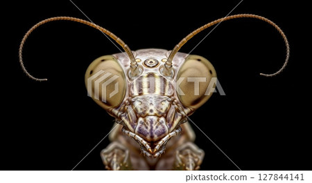 Extreme Macro Photography of Insect Head Revealing Intricate Compound Eyes and Antennae 127844141