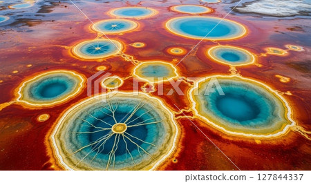 Colorful Mineral Hot Springs Geothermal Pools with Concentric Circles and Vibrant Blue Turquoise Patterns 127844337